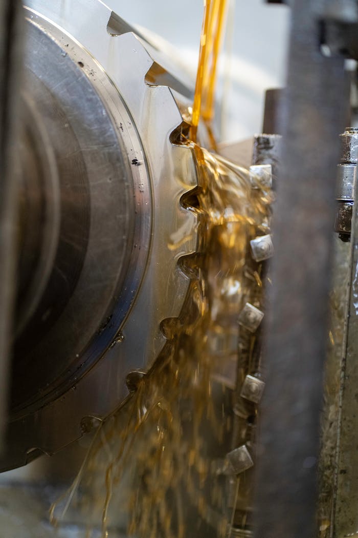 services-01 Close-up of a gear being lubricated with oil during manufacturing.